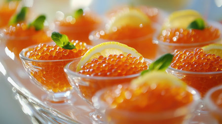 Delight in these vibrant citrus caviar cups, garnished with fresh lemon and mint. Perfect for upscale events or gourmet dining experiences.の素材
