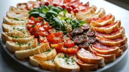 A vibrant platter featuring a delicious assortment of appetizers, including fresh bread, tomatoes, and herbs. Perfect for parties and gatherings.の素材