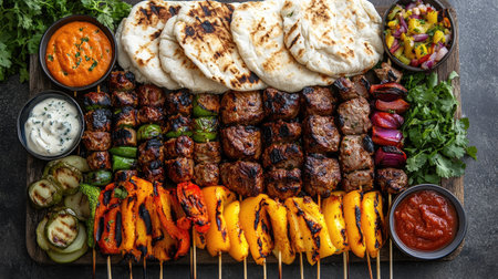 A vibrant platter featuring grilled skewers, fresh vegetables, and flatbreads, ideal for sharing at gatherings or enjoying a hearty meal. Perfect for food lovers!の素材