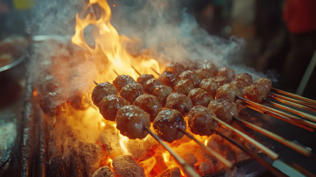 Juicy skewers of meat grill over an open flame, producing a smoky flavor. This vibrant street food scene captures the essence of night markets, where grilling transforms meals into delicious experiences.の素材