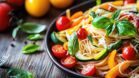 A vibrant plate of fresh spaghetti topped with colorful tomatoes, zucchini, and basil, capturing the essence of healthy Italian cuisine on a wooden table.の素材