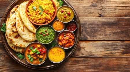 A vibrant assortment of Indian dishes served on a rustic wooden table. Features colorful rice, naan, and various sauces highlighting rich flavors and traditions.の素材
