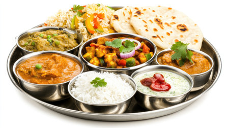 A vibrant Indian meal spread on a traditional platter, featuring an array of curries, rice, bread, and colorful vegetables. Perfect for showcasing culture.の素材