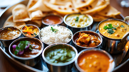 A vibrant assortment of Indian dishes served on a traditional platter, featuring colorful curries, fragrant rice, and soft naan, perfect for sharing.の素材