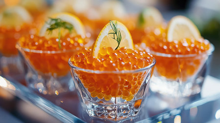 A vibrant display of fresh orange caviar topped with lemon slices, offering a gourmet touch to any dining experience or celebration event. Perfect for appetizers.の素材