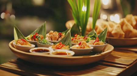 A beautifully arranged platter of Asian cuisine featuring various appetizers and vibrant dipping sauces, perfect for a gourmet dining experience.の素材
