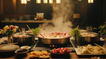 A vibrant hot pot scene featuring fresh ingredients and steam rising from the central pot. Perfect for showcasing communal dining and delicious flavors.の素材