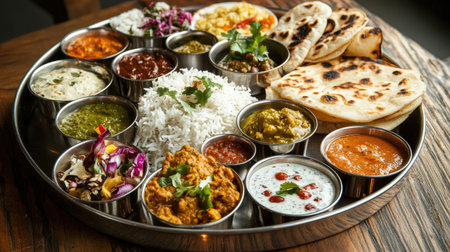A vibrant Indian thali showcasing an array of dishes including rice, naan, curries, and condiments, perfect for a traditional dining experience.の素材