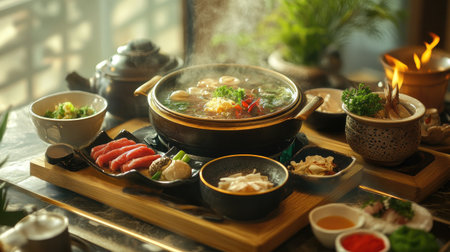A vibrant hot pot meal steaming with fresh ingredients, showcasing seafood and vegetables. Perfect for family gatherings or cozy dinners, this dish highlights rich flavors and culinary traditions.の素材