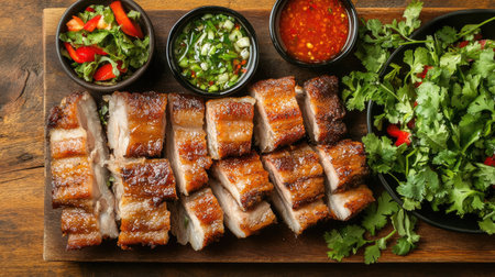 A beautifully arranged platter of crispy roast pork accompanied by fresh herbs, vibrant salad, and flavorful sauces, perfect for sharing.の素材