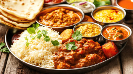 A vibrant Indian thali featuring rice, assorted curries, lentils, and fresh naan. This colorful and authentic meal represents the rich culinary heritage of India.の素材