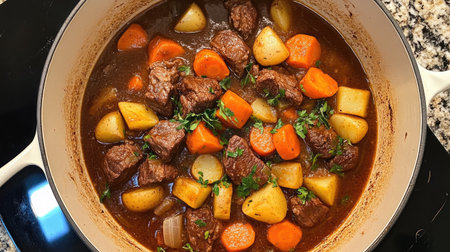 A delicious and hearty beef stew filled with tender meat and colorful root vegetables. Perfect for cozy dinners, this dish warms the soul. Enjoy!の素材