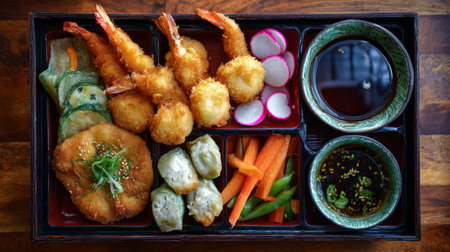 A beautifully arranged bento box showcasing shrimp tempura, fresh vegetables, and unique dipping sauces, perfect for food lovers and those who appreciate culinary artistry.の素材