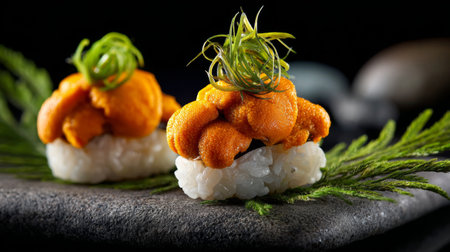 Delight in the visually stunning presentation of fresh sushi delicacy featuring sea urchin on fluffy rice, elegantly garnished with green onion and lush greens.の素材