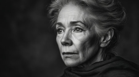 This striking portrait features an older woman, emphasizing her expression and depth of character through black and white photography, enhanced with natural light and shadows.の素材