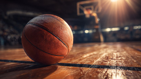 A close-up view of a basketball resting on a court, capturing vibrant lighting and a blurred background to evoke the thrilling atmosphere of competitive sports.の素材