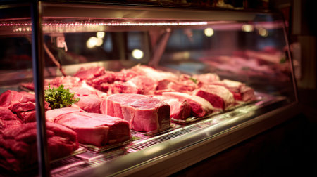A vibrant display of fresh cuts of meat in a butcher shop refrigerator, showcasing a variety of beef and pork selections that highlight quality and color.の素材