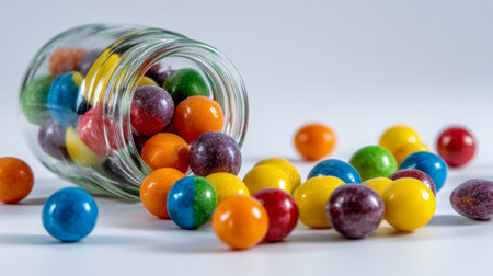 A vibrant and colorful collection of candies spills from a glass jar, creating a playful scene with various hues that evoke joy and sweetness perfect for festivities.の素材