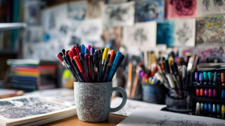 A vibrant assortment of colorful pens arranged in a decorative mug, surrounded by an artistic workspace filled with illustrations and creative supplies.の素材