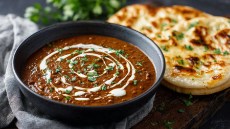 A bowl of creamy lentil curry elegantly garnished with a swirl of yogurt and fresh herbs, served alongside warm naan on a rustic wooden surface, perfect for food lovers.の素材