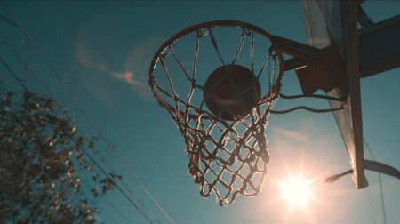 A vibrant image showing a basketball hoop with a bright sun in the background. This photo captures the energy and excitement of outdoor sports, emphasizing leisure and passion.の素材