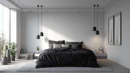 Explore a chic, modern bedroom showcasing a large black bed adorned with cushions, stylish pendant lights, and green plants, creating a serene atmosphere.の素材