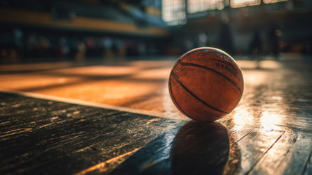 Close-up view of a basketball resting on a wooden gym floor, illuminated by dramatic lighting that creates dynamic shadows, showcasing the essence of indoor sports.の素材