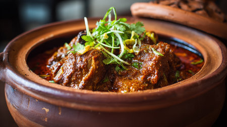 A close-up view of a delicious meat dish served in a rustic clay pot, topped with fresh herbs and spices, showcasing vibrant colors and rich flavors ideal for food lovers.の素材
