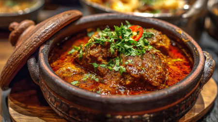 Indulge in a vibrant and aromatic traditional dish served in a beautifully crafted clay pot, garnished with fresh herbs and chili, ideal for food enthusiasts.の素材