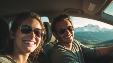 A cheerful couple enjoys a sunny road trip, capturing moments of joy and adventure against stunning mountain backdrops, highlighting their love for travel.の素材