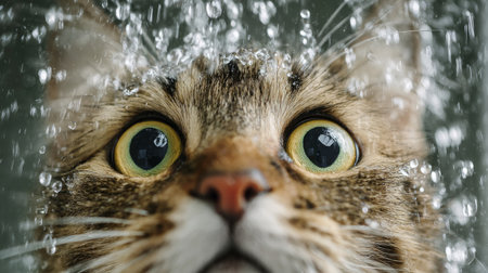 A captivating close-up of a curious cat with wide eyes mesmerized by splashing water droplets. The image captures the intense expression and vibrant fur detail.の素材