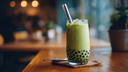 A refreshing green tea beverage with tapioca pearls served in a tall glass, perfect for a cozy cafe vibe. Ideal for those seeking a relaxing drink experience.の素材