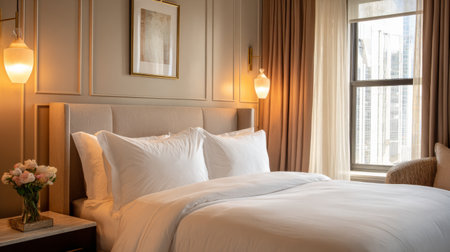 Discover a serene bedroom space designed for comfort and relaxation, featuring soft bedding, tasteful decor, and natural light streaming through expansive windows.の素材