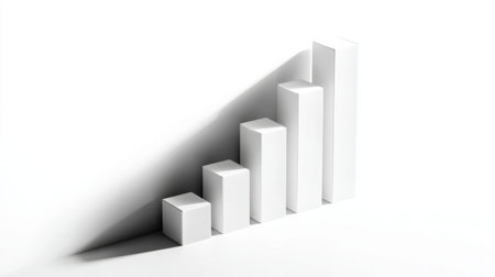 A minimalist 3D growth chart created with ascending white blocks, illustrating the concept of progress in business and financial performance analysis.の素材