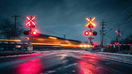 Vibrant red signals illuminate a train crossing during twilight, with the blurred motion of a passing train creating a dynamic urban scene reflecting off wet pavement.の素材