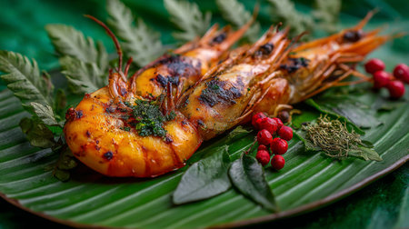 A beautifully presented plate featuring grilled prawns garnished with fresh herbs, berries, and ferns, creating a vibrant and inviting dish for seafood lovers.の素材