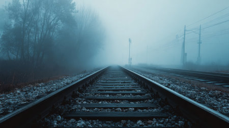 A captivating image of railway tracks disappearing into fog, enveloped by trees and an expansive atmosphere, creating a serene and mysterious outdoor atmosphere.の素材