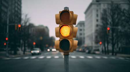 A yellow traffic signal stands prominently on an urban street, warning drivers and pedestrians to exercise caution as red lights illuminate nearby intersections.の素材