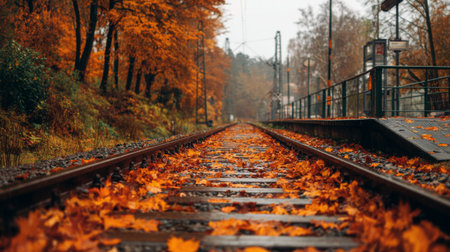 This tranquil autumn scene captures train tracks enveloped in a colorful blanket of orange and yellow leaves, creating a picturesque landscape ideal for travel enthusiasts.の素材