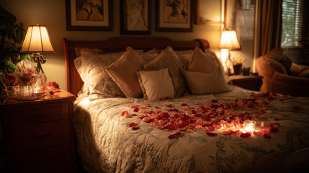 A beautifully arranged bedroom featuring rose petals on the bed, soft ambient lighting, and an inviting atmosphere perfect for intimate moments and celebrations.の素材