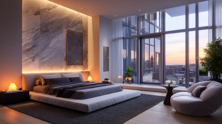 This modern bedroom showcases a tranquil atmosphere with a stunning city view at sunset. Featuring elegant furnishings, warm lighting, and minimalist design elements, it's perfect for relaxation.の素材