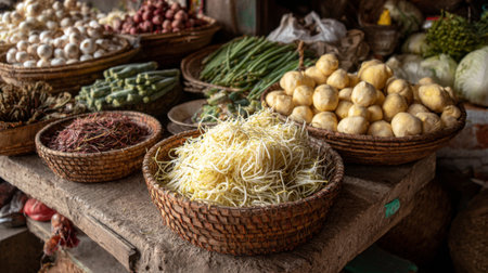 Fresh produce including vegetables and roots displayed in woven baskets at a local market, showcasing a vibrant and rustic atmosphere filled with natural beauty.の素材
