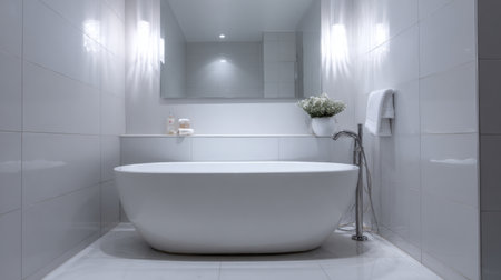 This modern minimalist bathroom features a sleek freestanding tub, soft lighting, and elegant dの素材
