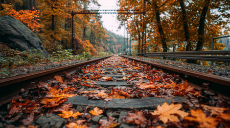 A captivating view of train tracks blanketed in colorful autumn leaves, set against a backdrop of vibrant trees and a moody sky, perfect for evoking seasonal nostalgia.の素材