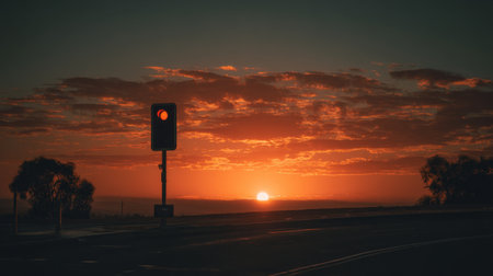 Captivating image of a sunset setting the sky ablaze with colors, framed by a silhouetted traffic light, creating a serene and dramatic atmosphere.の素材
