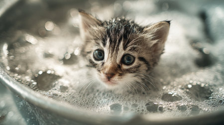 A charming scene of a joyful kitten surrounded by bubbles in a silver basin, highlighting the playful and innocent nature of young pets during bath time.の素材