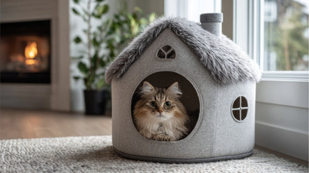 A cozy and stylish cat house made of soft gray fabric with a fluffy roof, ideal for providing a comfortable resting spot for pets in any modern living room.の素材