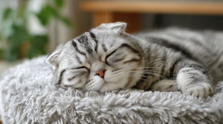 A charming sleeping striped cat rests on a soft cushion, embodying tranquility and comfort, creating a heartwarming scene of peace in a stylish home setting.の素材