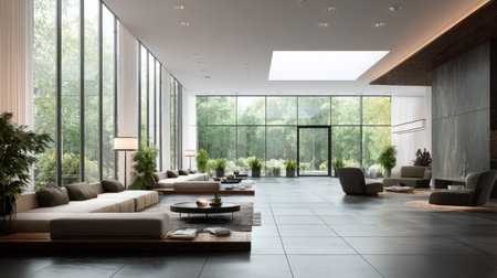 Experience a serene modern living room featuring expansive windows that invite natural light, cozy seating arrangements, and lush greenery, perfect for relaxation.の素材