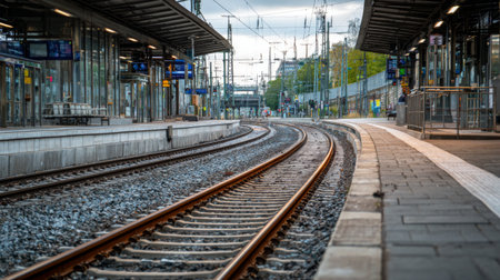 Quiet scene of a train station at dusk featuring curved tracks and industrial architecture, showcasing the beauty of transportation and urban design.の素材